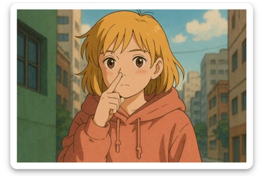 A girl yellow hair brown eyes pink Urban Heavy Loose Fit Hood Sweat touch your nose  sticker