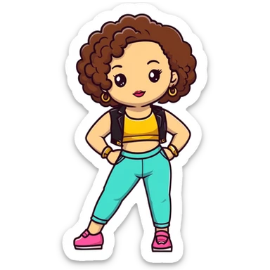 Full body teenage girl with curly brown hair, heavy makeup, big lips, crop top, gold jewelry and flashy choni style outfit sticker
