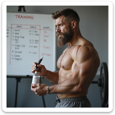 realistic powerlifter in front of whiteboard with training tables and dosages, holding a pen and looking at a bottle of anabolic steroids (AAS), indecisive expression, isolated on white background sticker