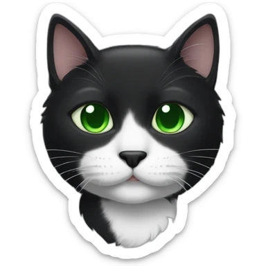 A black cat with green eyes with a white mustache, a white stripe on its nose, a full-length white breast and white paws sticker