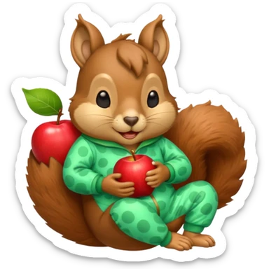 squirrel in acorn pajama suit snoring with holding apple sticker