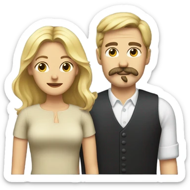 Woman with shoulder length blonde hair and a man with a large mustache sticker