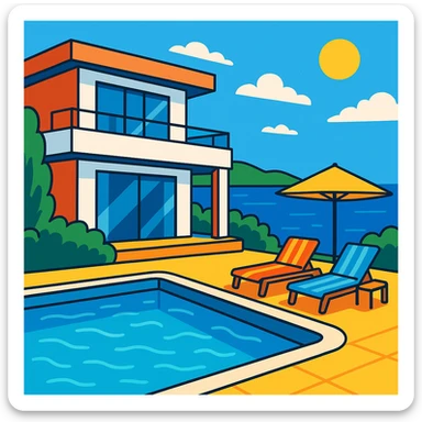 modern Bodrum villa with swimming pool, sun loungers, and sea view, vibrant toon style sticker
