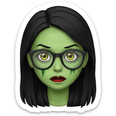 crie um emoji de zumbi feminino, com pele verde, óculos preto e cabelo longo preto sticker