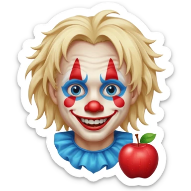 creepy clown boy with messy very long long blonde hair, blue eyes, make it more like an apple emoji sticker