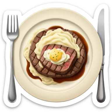 Make plate and fork on the left and knife on the right. And a cooked steak with mash potatoes o the side sticker