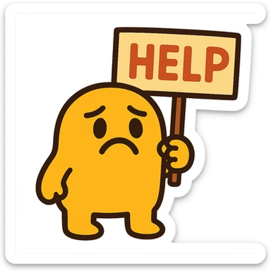 little yellow blob guy holding a sign that says 'help' sticker