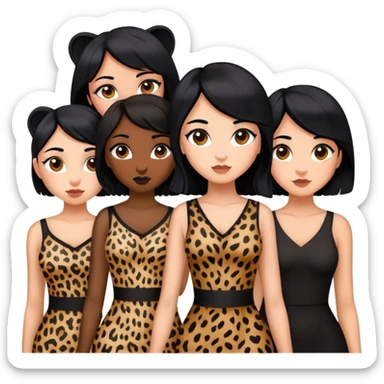 5 girls with black hair wearing cheetah print or black dress sticker