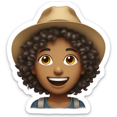 A girl with a hat and curly hair laughing sticker