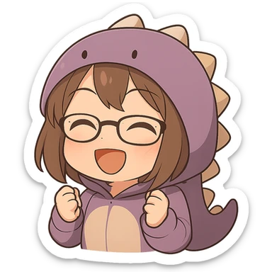 Chibi anime style gamer girl with glasses, brown hair, dark purple eyes, wearing a purple dinosaur costume, making a happy emote, no controller, same style as reference, with no background sticker