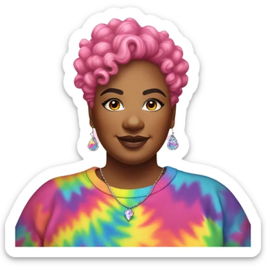 Plus size black woman with pink curly pixie cut hair and a rainbow tie dye sweater , and diamond stud earrings  sticker
