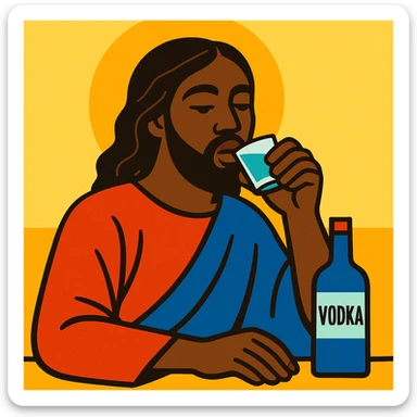Stylized Black Jesus sipping vodka, relaxed pose, vibrant colors, contemporary art style sticker