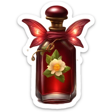 Dark red magic fairy light sparkling old Antique oil perfume bottle with herbal and flowers sticker