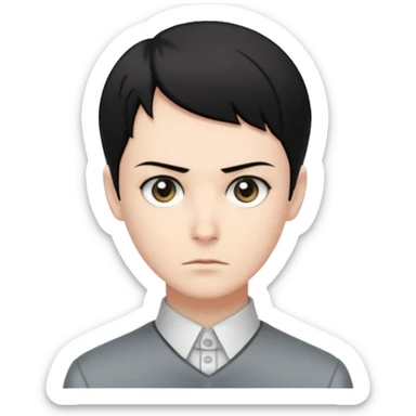 short black neat hair, sharp dull gray eyes, pale skin, serious expression, upright posture, minimal accessories, sharp and precise style. Levi Ackerman  sticker