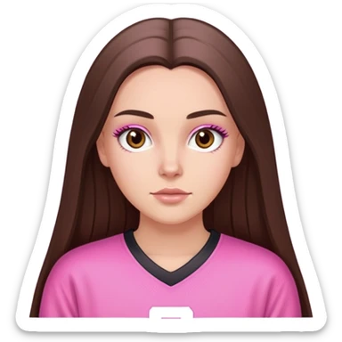 a white girl with long brunette shiny straight hair brown eyes and long eyelashes wearing a oversized pink jersey sticker