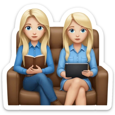 A cinematically realistic blonde with long hair and blue eyes is sitting on an armchair with a notebook in her hands, a girl is sitting opposite. sticker