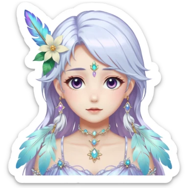 Beautiful gorgeous anime lady with beautiful iridescent-white-special-hair, fashion aesthetic, ethereal, fairycore, pastelcore, feather, flower, gems, accessories, jewelries, gold, colorful sticker