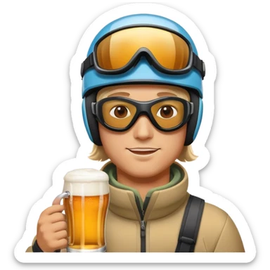 After-ski, a skier, wearing modern skiing goggles on his ski helmet, drinking beer. The person should not wear any glasses. sticker