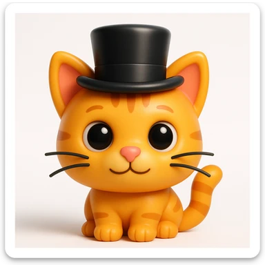 3D rendered emoji-style illustration, glossy plastic-like materials, soft ambient occlusion, rounded forms, high-detail textures, clean white background, Apple emoji aesthetic, subsurface scattering on skin, vibrant saturated colors, cute proportions with large expressive eyes, studio lighting with soft shadows, cat wearing a tophat sticker