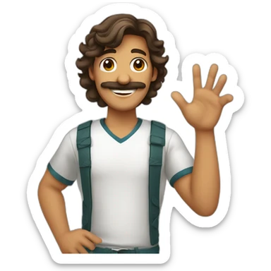 A stereotypical Portuguese young man waving with a big smile, a mustache and a brown mullet sticker