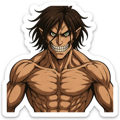 Eren Jaeger in Titan form, muscular, intense expression, wild hair, anime style sticker