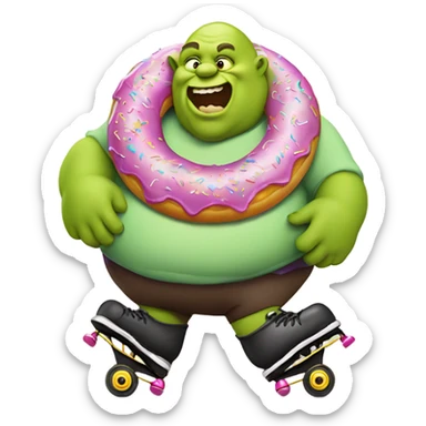 Obese ogre eating a donut while roller skating sticker