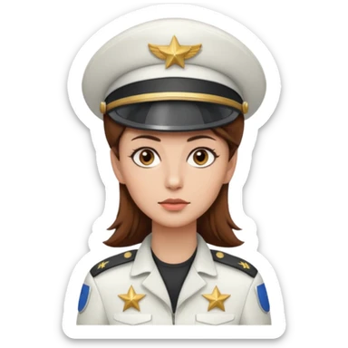 woman with brown hair and brown eyes.  space ship captain with white military hat sticker