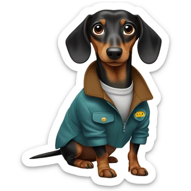 Weiner dog with jacket that says Taylur on it sticker