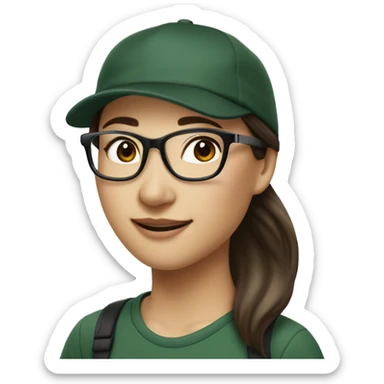 Hyper realistic, look from side, asian adult woman, light white skin, smiling with teeth, black eyes, spotted frame glasses, long brown straight hair with highlighted strands, black T-shirt, dark green cap. sticker