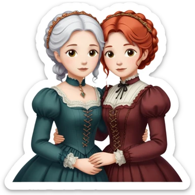 Two modest Victorian women hugging, one with white hair and one with copper red hair, wearing long Victorian dresses sticker