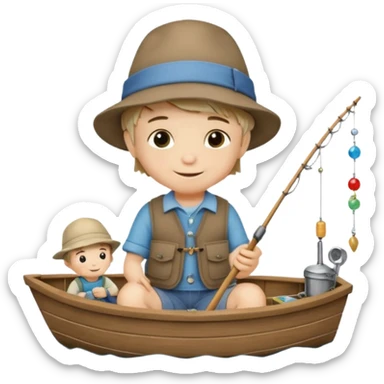 Little boy on a little boat fishing, felt texture, scrapbooking, precious moments style character sticker