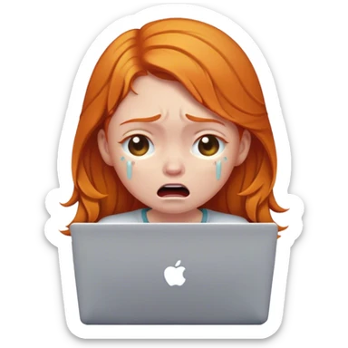 Ginger girl crying with laptop sticker