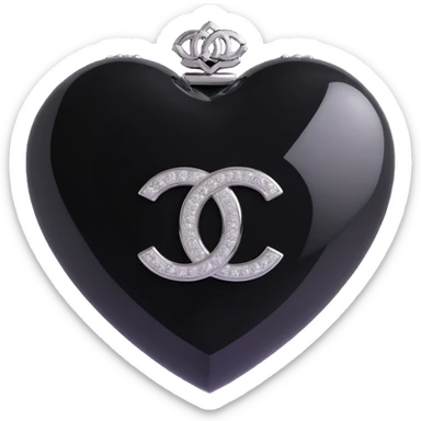 Remove the pearls, keep only the glossy black heart with a diamond accent and silver Chanel logo, elegant, black and white color scheme, keep the background transparent. sticker