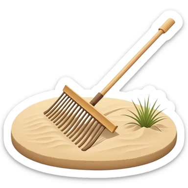 Minimalist emoji of a traditional Japanese zen garden rake (kumade) thin and balanced lines, natural light wood texture, soft sand-beige and warm neutral tones, flat vector style with subtle depth, centered composition, transparent background sticker