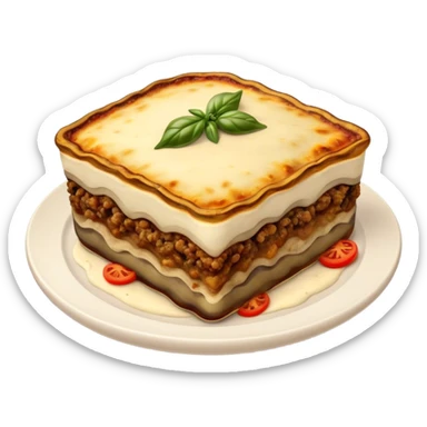 Moussaka Cinematic Realistic Moussaka Dish Emoji, depicted as a rustic serving of moussaka with layers of soft eggplant, ground meat, and a creamy topping featuring a delightfully crispy corner, rendered with rich textures and warm, inviting lighting. sticker