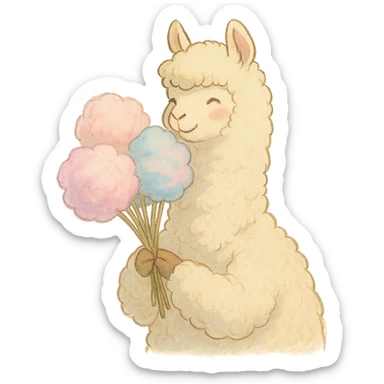 alpaca holding cotton candy bouquet in soft Ghibli style sticker