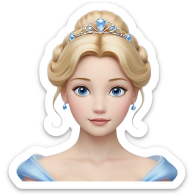 Cinematic Realistic Cinderella Portrait, depicted with lifelike skin texture, subtle rosy undertones, and soft natural lighting that enhances the gentle contours of her face. Her intricately detailed golden blonde hair is elegantly styled in an updo, with delicate wisps framing her face for added realism. Her deep, expressive blue eyes radiate warmth and sincerity, reflecting a quiet resilience and grace. She is dressed in her iconic ball gown, the fabric shimmering with intricate embroidery and fine translucent layers that catch the light beautifully. The soft sheen of satin gloves and the delicate sparkle of a glass-like slipper peeking from beneath her dress add a touch of magical realism. The portrait features an enchanting glow with a natural, luminous finish, seamlessly blending realism and fairytale charm to evoke a sense of depth, elegance, and timeless beauty. sticker