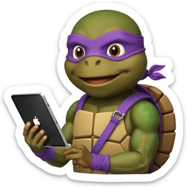 Donatello from Teenage Mutant Ninja Turtles, emoji style, with a tablet showing a hacking screen and a tech accessory sticker