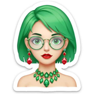 gem lover woman with gem accessories excessive amount gem glassess very big gem earrings green hair and red diamonds sticker