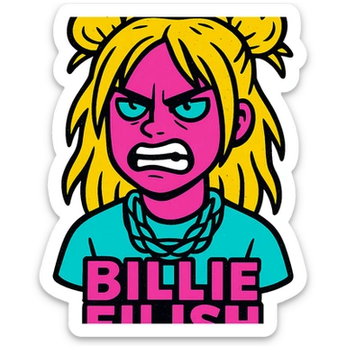 Billie Eilish with an angry expression, exaggerated features, pop art style sticker