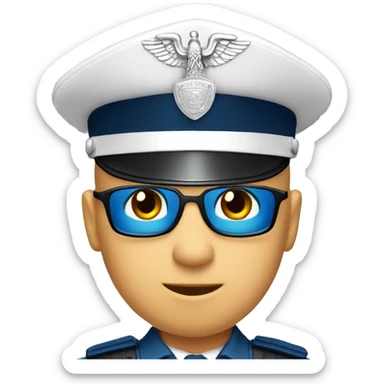 A WHITE Police man bald with blue uniform and cap with Big ANGEL WINGS sticker