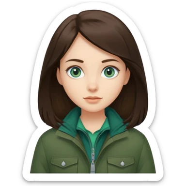 brunette with blue eyes skiing in a forest green jacket sticker