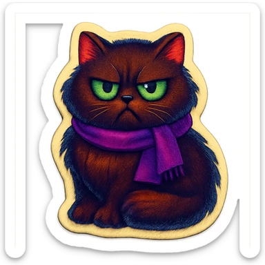 Fluffy grumpy cute dark-brown cat with green eyes and a purple scarf sticker