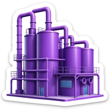 Minimalistic factory building in purple and violet tones, with pipes, sticker