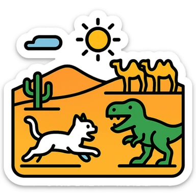 A white cat chasing a T-Rex in the desert with a herd of camels staring at them sticker