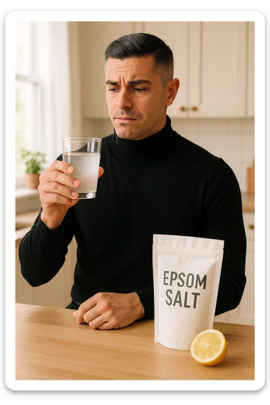 A realistic, bright photo-style image of a young man in his 30s standing in his kitchen, holding a clear glass filled with water in which Epsom salt (magnesium sulfate) has been dissolved. He looks focused but slightly uncertain as he prepares to drink it for a liver flush or digestive cleanse. The glass shows slight cloudiness from the dissolved salt. On the counter are a packet labeled 'Epsom Salt' and a sliced lemon, suggesting he might use it to mask the taste. The setting is clean, natural, and bright with neutral tones. The background shows sunlight streaming through a window, emphasizing a clean, minimalist health-focused environment. The mood conveys a realistic, calm moment of self-care with a hint of discomfort, illustrating a natural detox practice sticker