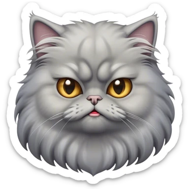 Cinematic Derpy grumpy comical Grey Persian Cat Portrait Emoji, Head tilted playfully with an adorably awkward expression, fluffy grey fur with soft silver undertones, Simplified yet hilariously derpy features, highly detailed, glowing with a warm but slightly confused glow, high shine, a mix of lazy and clueless, stylized with a touch of whimsy, bright but with a completely derpy and grumpy face, soft glowing outline, capturing the essence of a quirky yet chubby, grumpy kitty, so endearing it feels like it could stretch out of the screen and demand attention with its wonderfully derpy charm! sticker