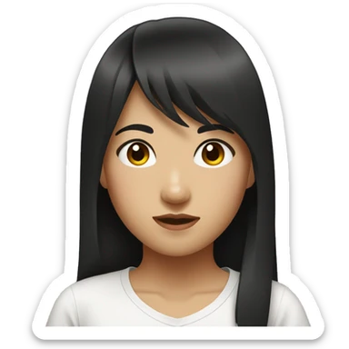 Asian girl in a white t-shirt with dark long hair deep brown eyes bangs sticker