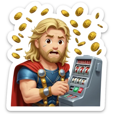 disheveled Thor losing money at a slot machine, panicked face, coins flying sticker