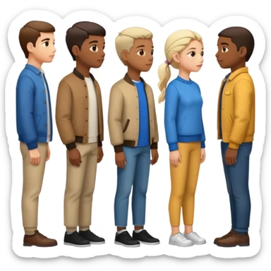 A line of 5 people standing in profile, one behind the other, all facing to the right sticker